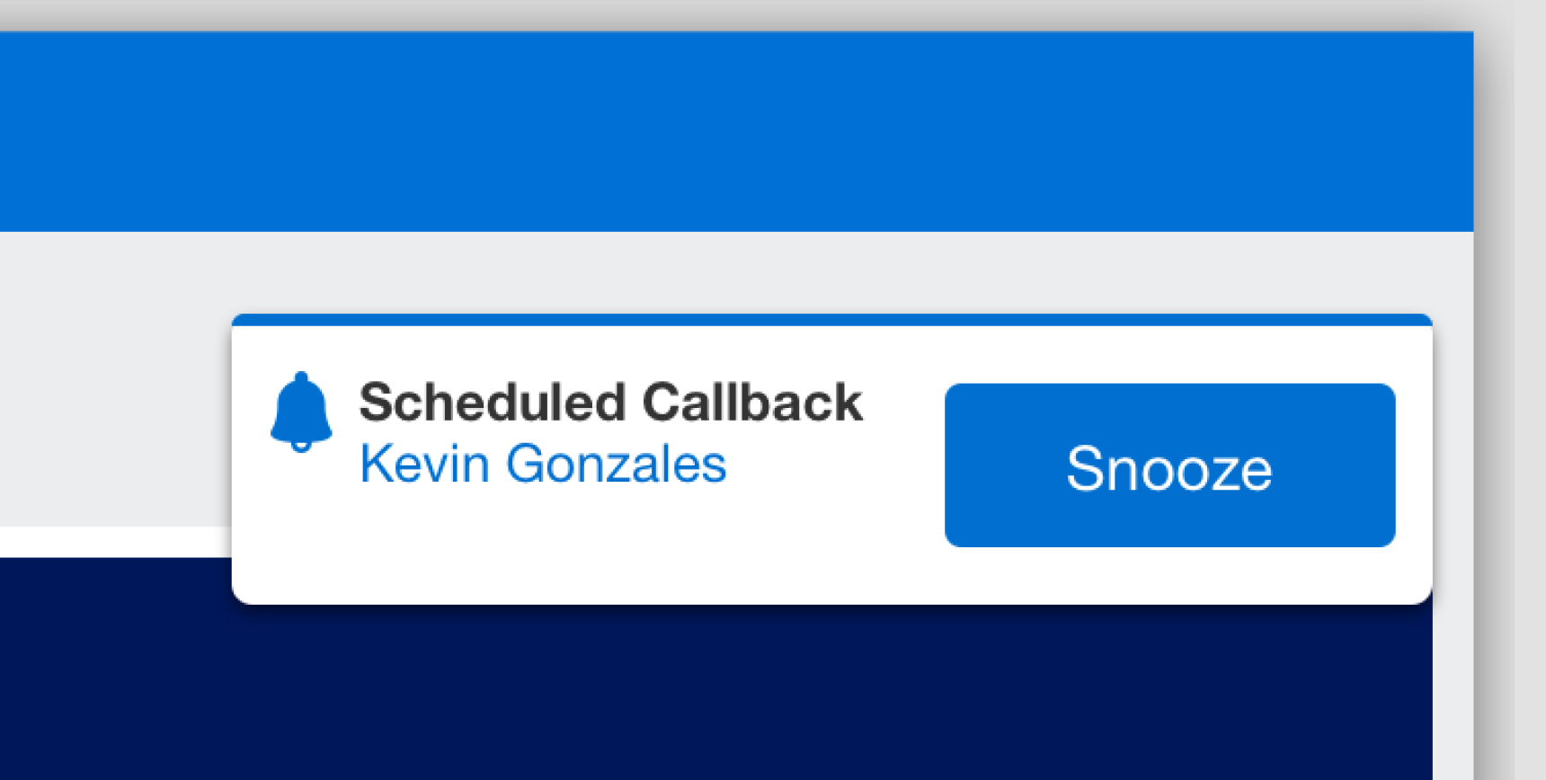 The Callback Reminder feature: a scheduled reminder for contacting Cardmembers across timezones, firing a toast notification at the set time.