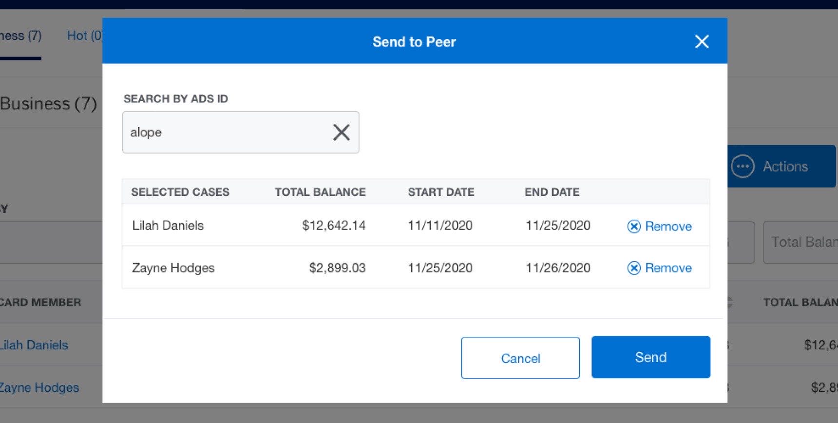 The Send to Peer modal: a Specialist selects a peer and sets a timeframe to share their collections cases, formalizing an informal email practice with a clear ownership model.
