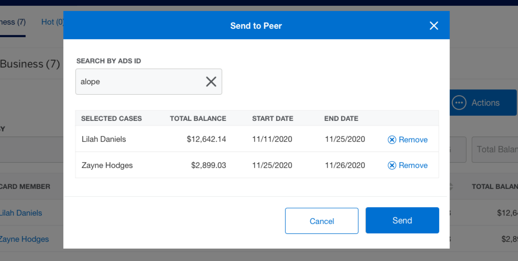 The Send to Peer modal: a Specialist selects a peer and sets a timeframe to share their collections cases, formalizing an informal email practice with a clear ownership model.