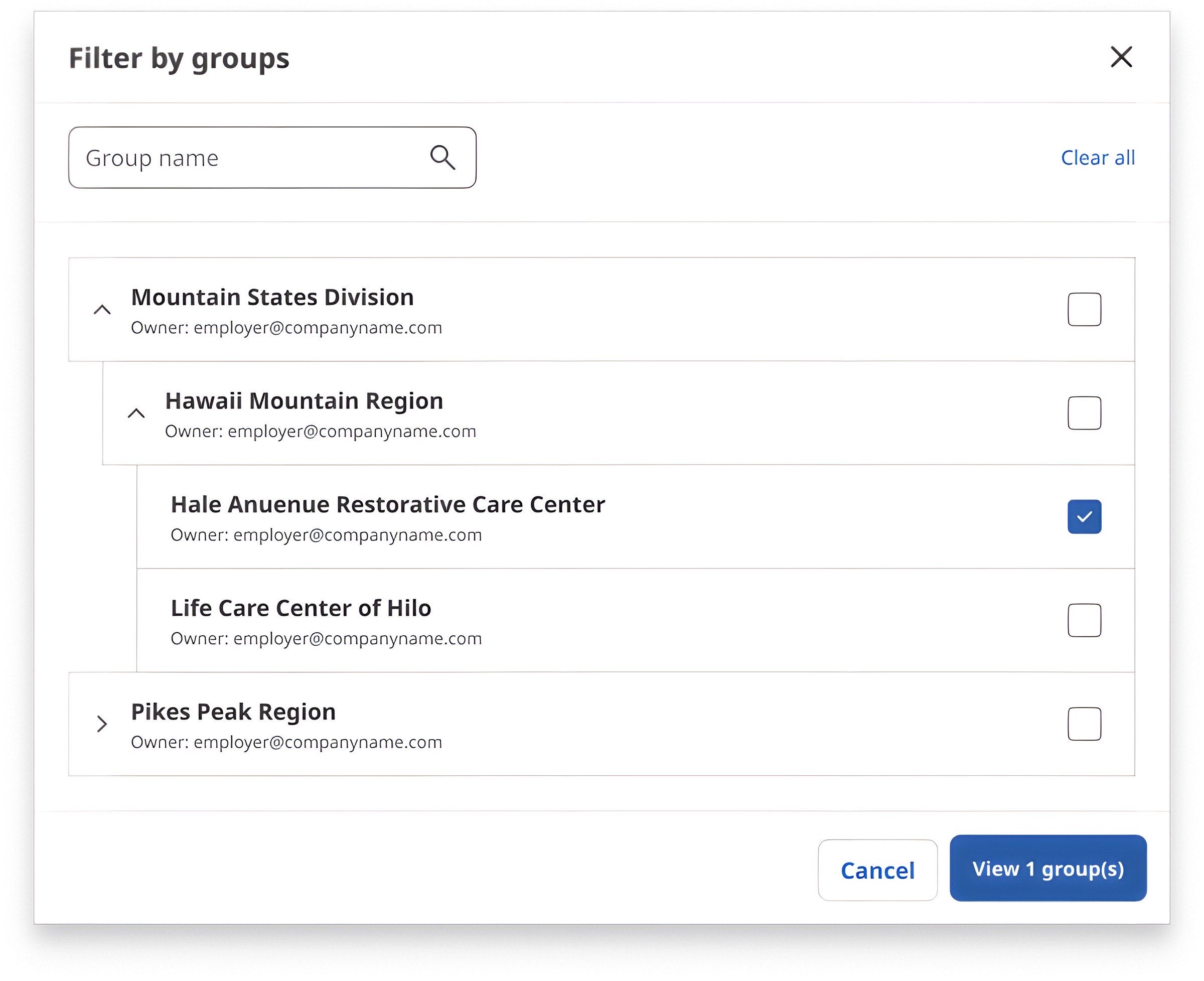 The EHS Hierarchical Group Modal showing a parent account with nested child accounts visible, demonstrating Indeed's enterprise account tree.
