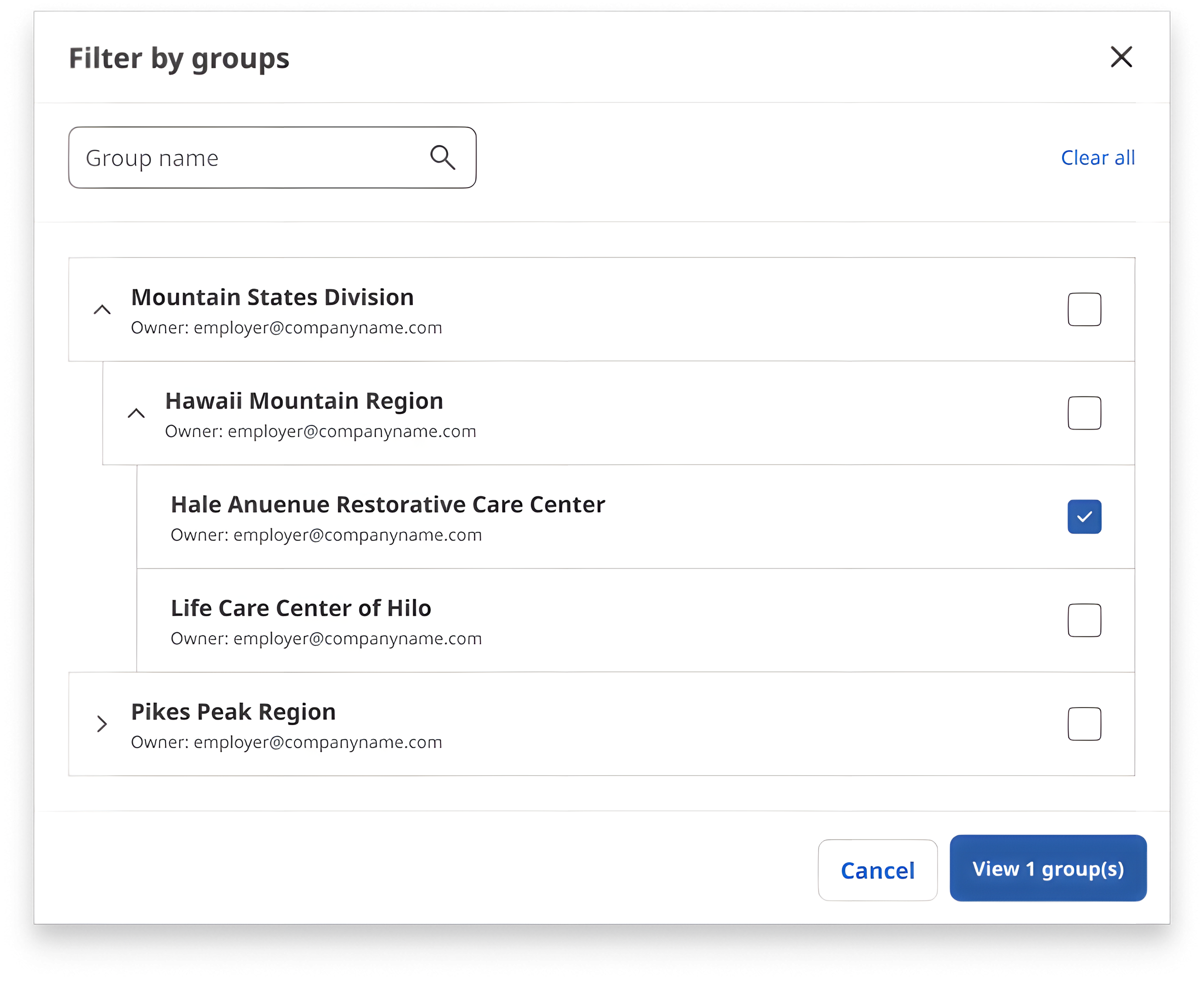 The EHS Hierarchical Group Modal showing a parent account with nested child accounts visible, demonstrating Indeed's enterprise account tree.