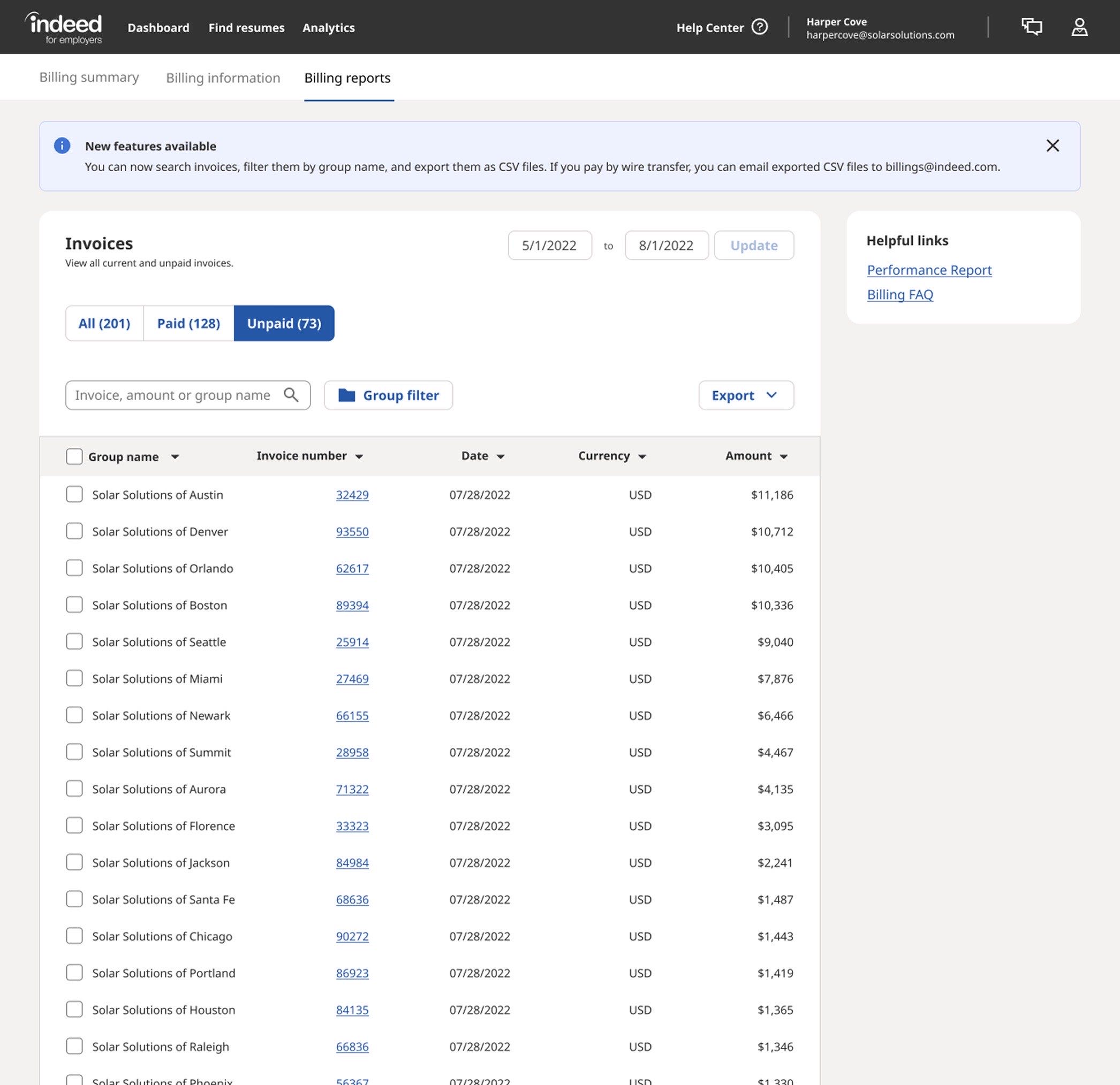 The shipped Billing Reports surface, showing configurable columns, the account selector, and saved-view controls.