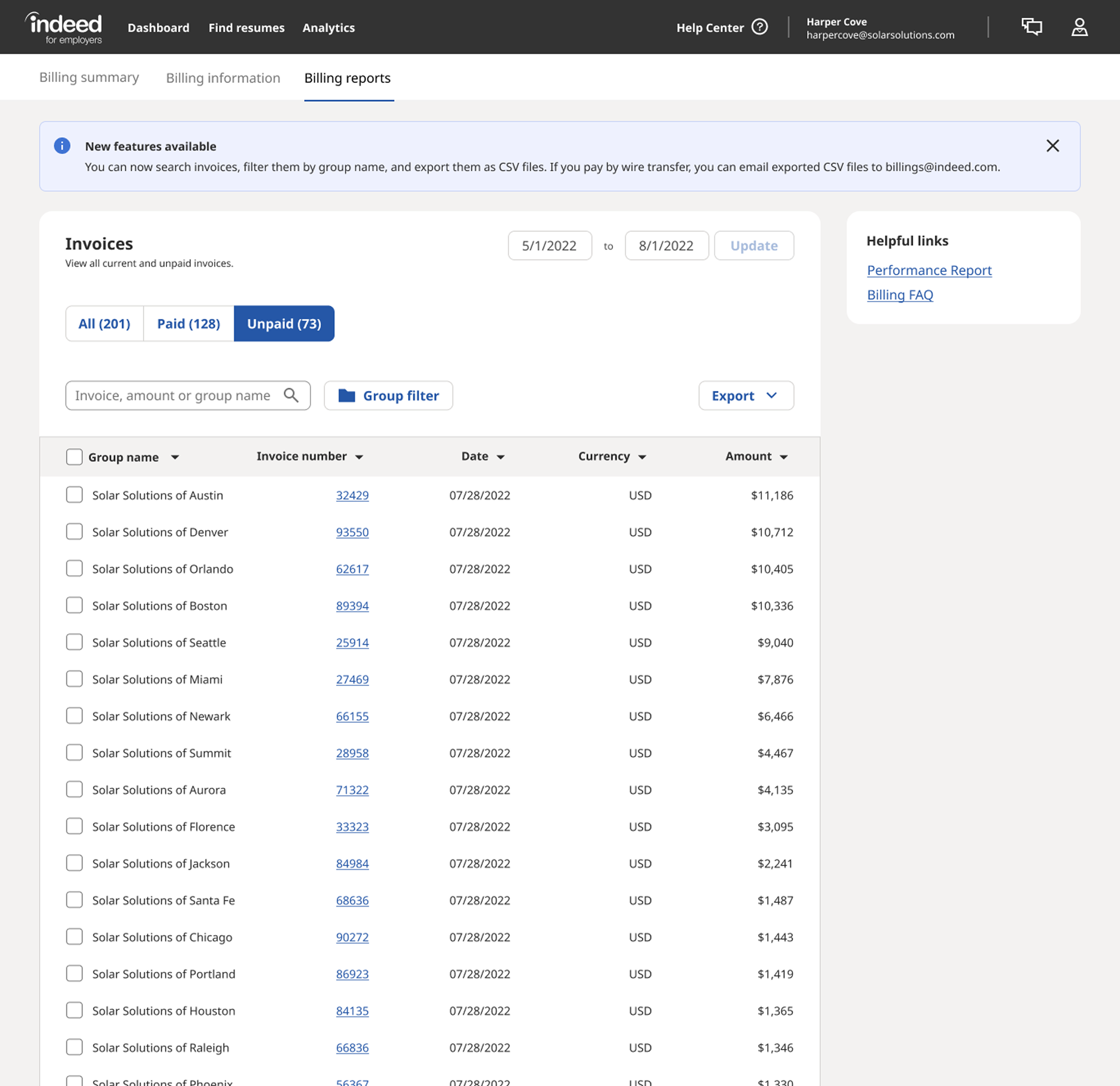 The shipped Billing Reports surface, showing configurable columns, the account selector, and saved-view controls.