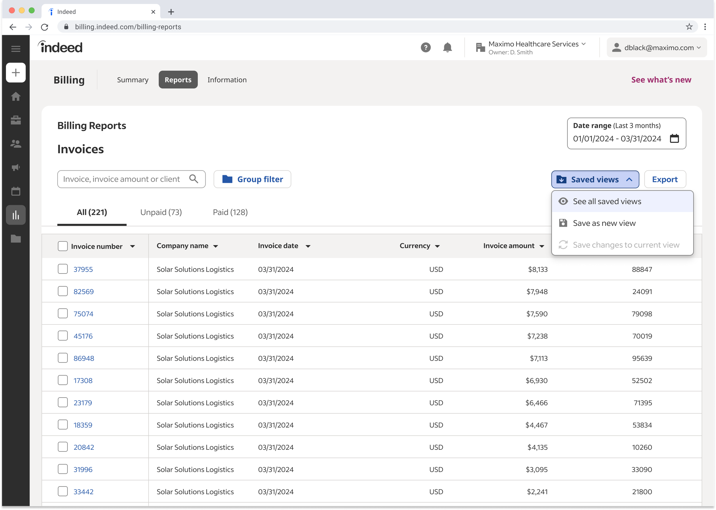 The report's saved-view menu, where selecting Save view opens the save dialog.