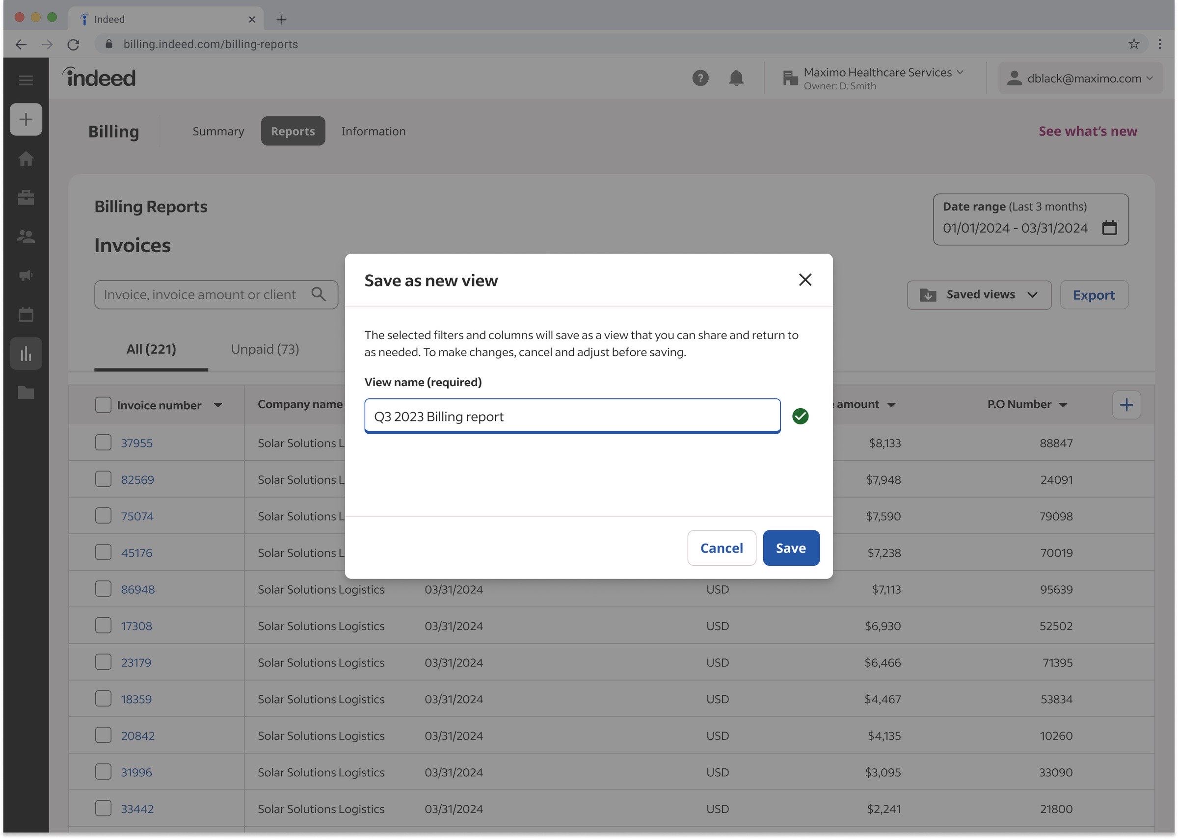 The Save view modal showing the saved-view name field and the contents-of-view preview that makes the saved configuration legible.