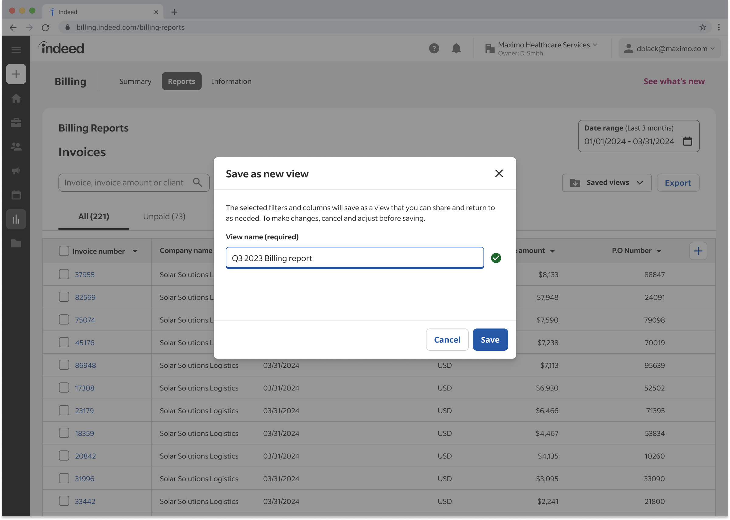 The Save view modal showing the saved-view name field and the contents-of-view preview that makes the saved configuration legible.