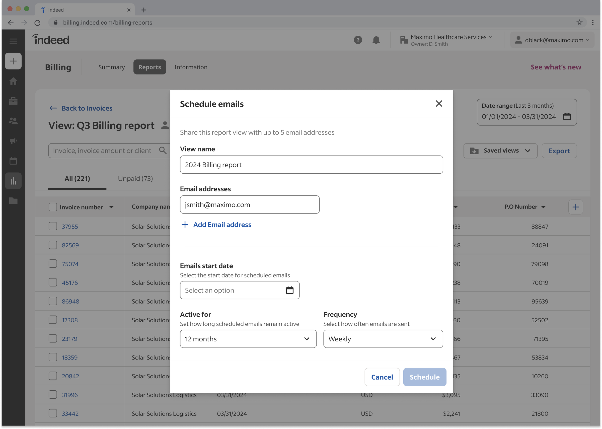Schedule and share flow step 5: email address entry.
