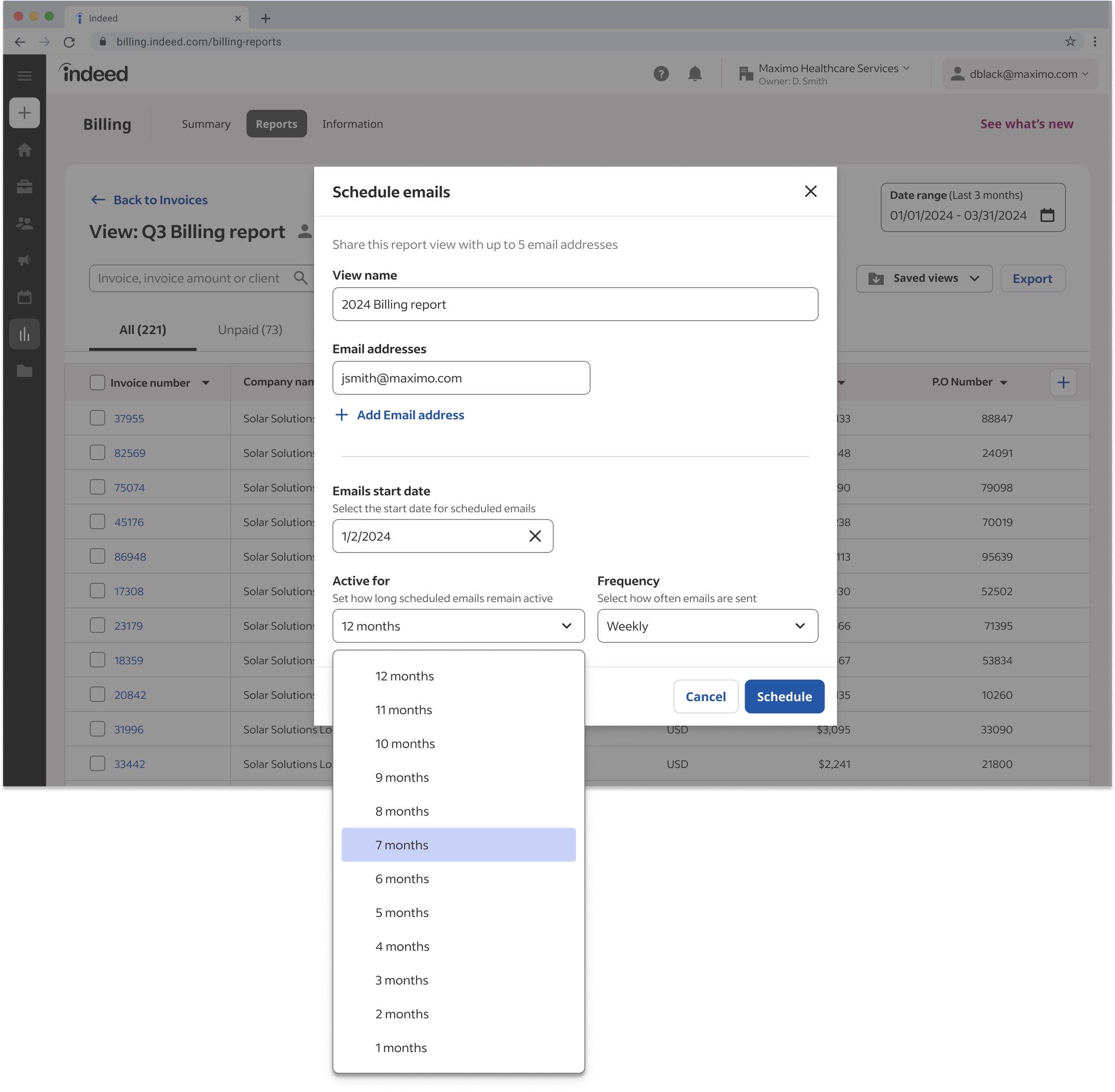 Schedule and share flow step 6: active-for dropdown.