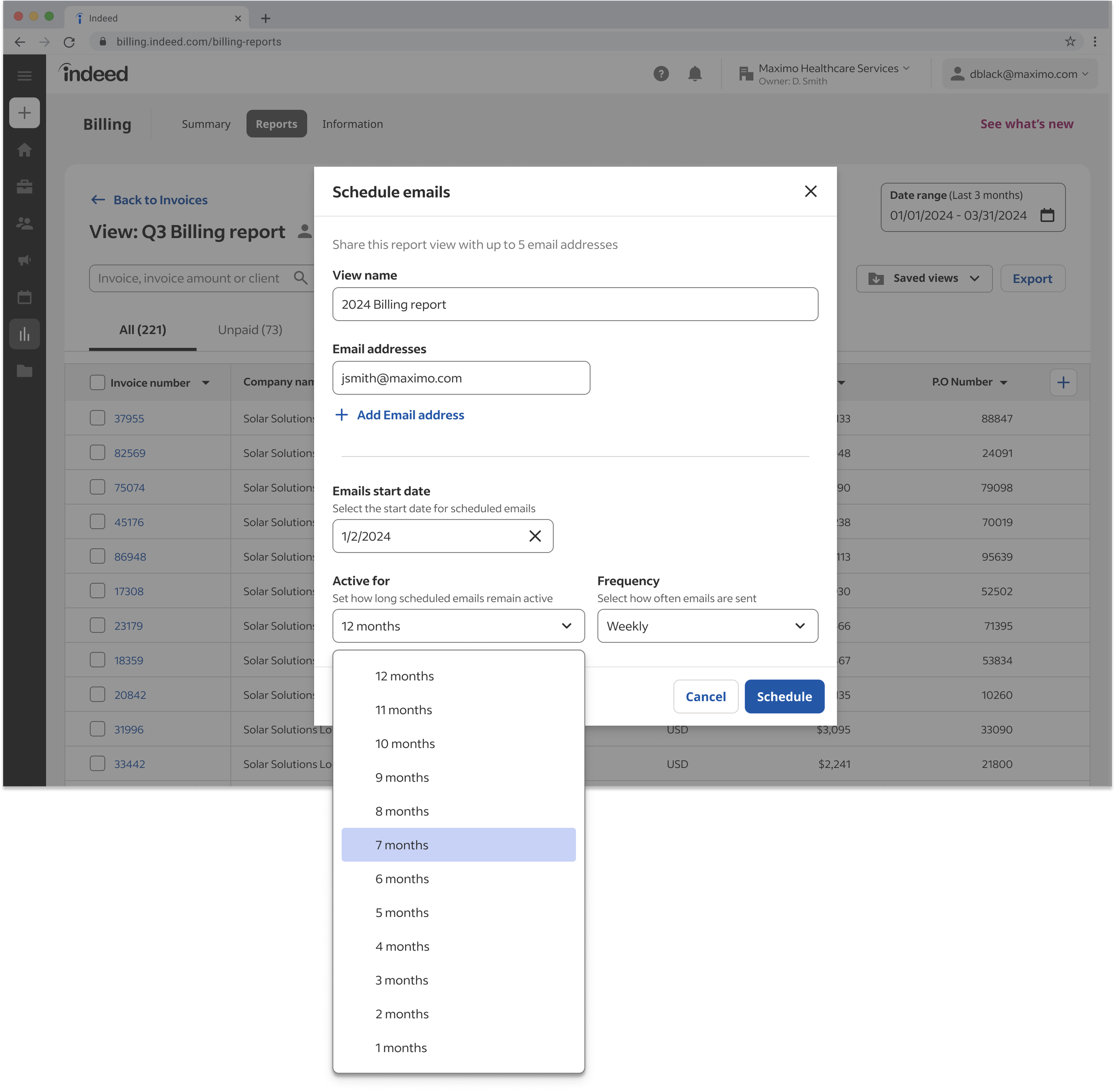Schedule and share flow step 6: active-for dropdown.