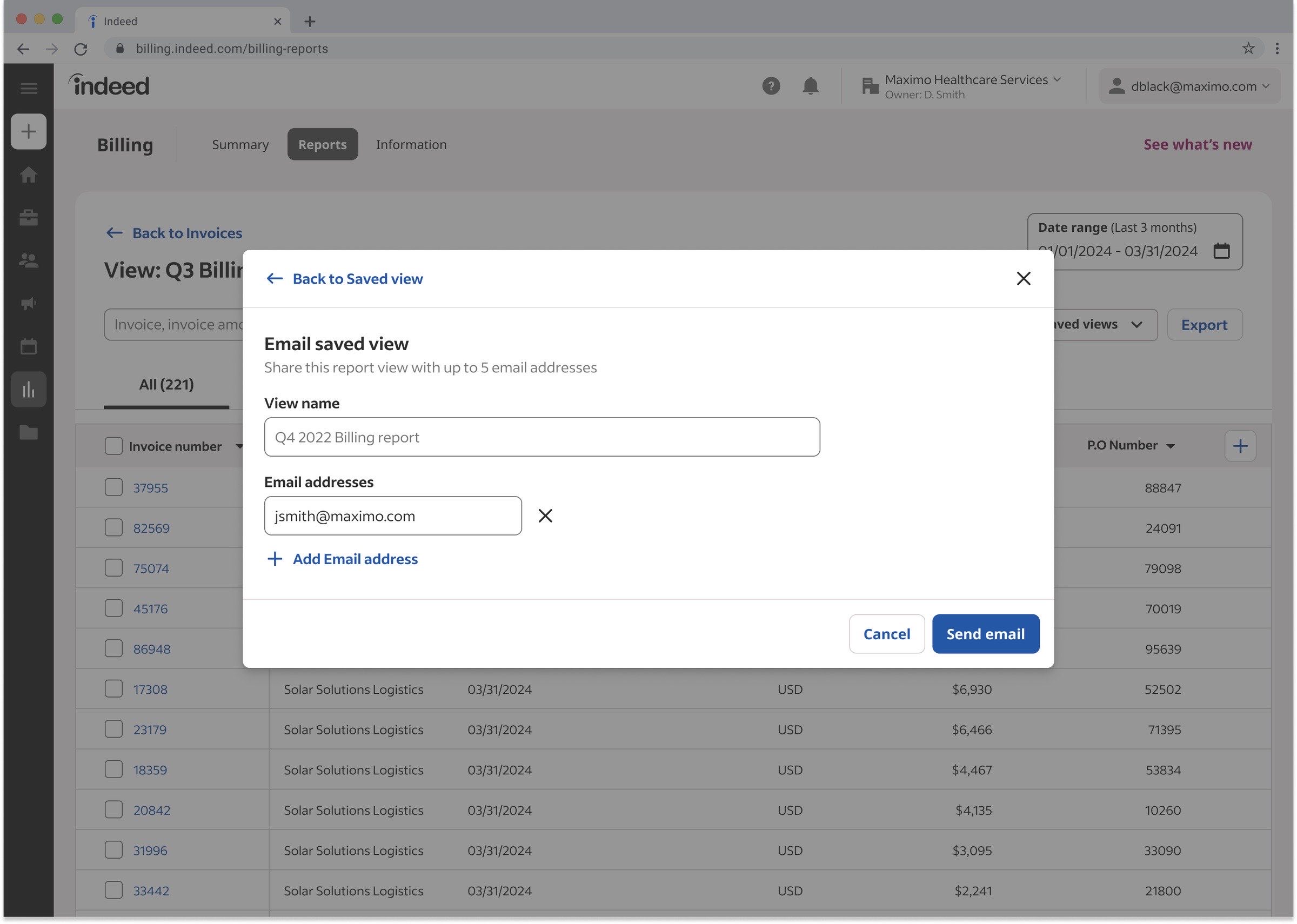 The Share view modal showing the recipient field, permission-scope check, and access-mismatch warning when the recipient is outside the EHS scope.
