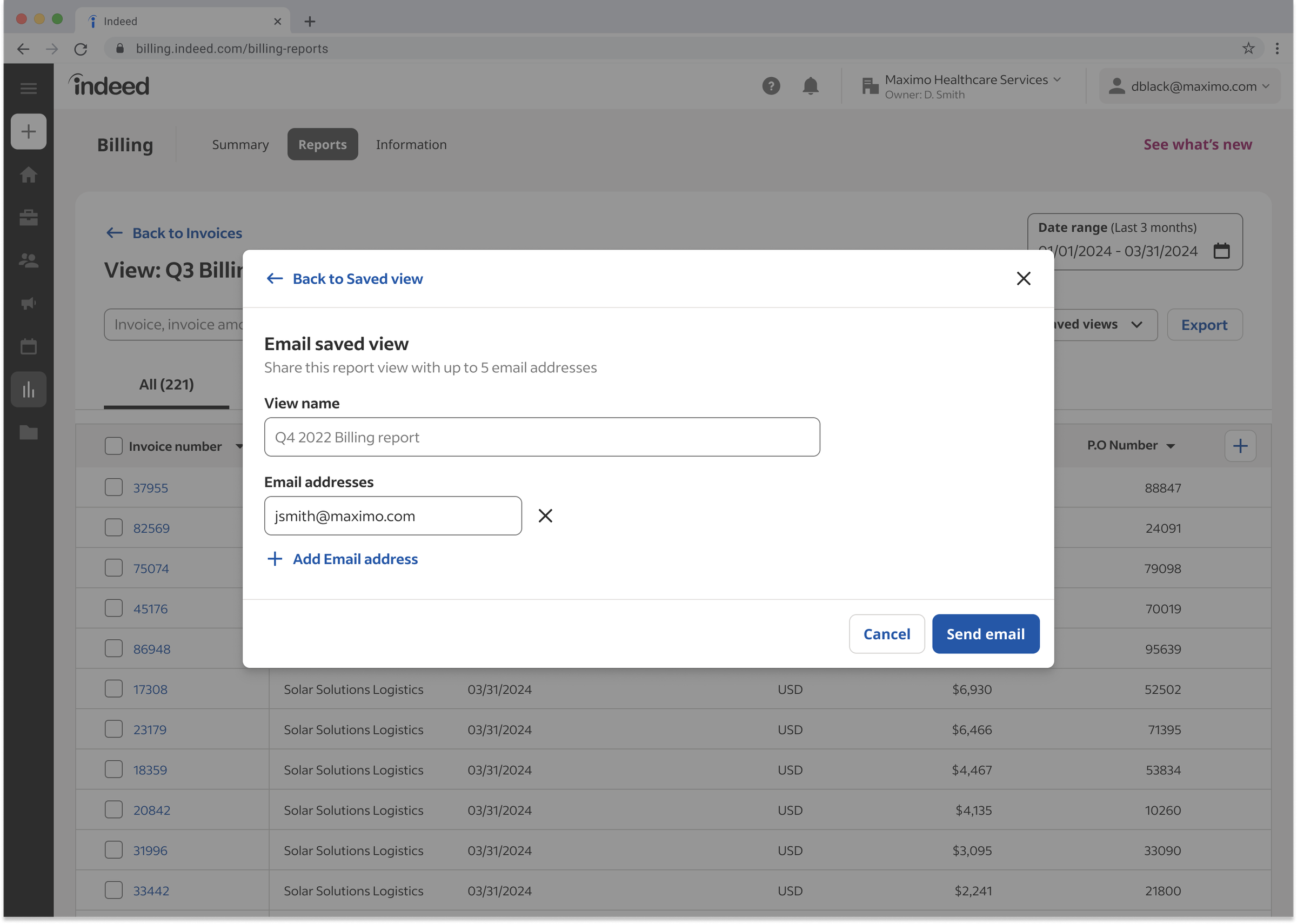 The Share view modal showing the recipient field, permission-scope check, and access-mismatch warning when the recipient is outside the EHS scope.
