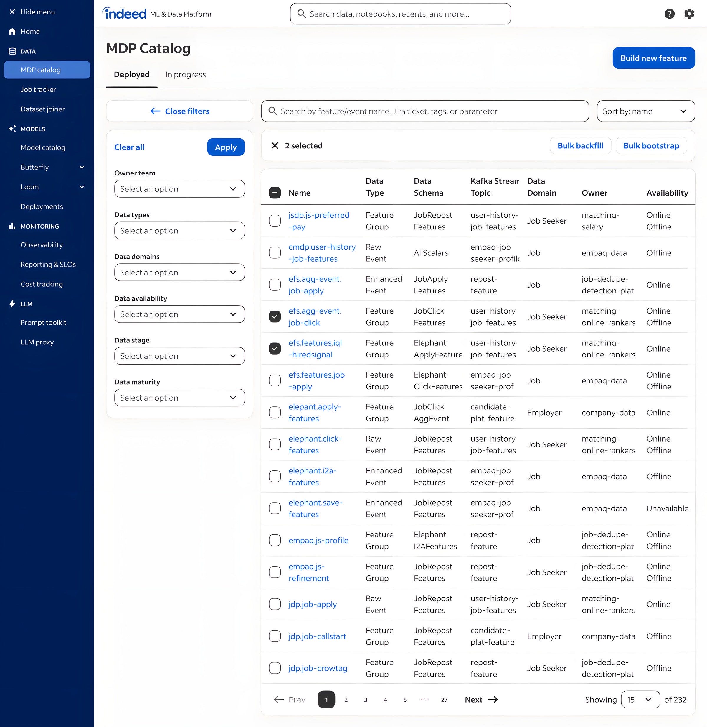 The Data Catalog with multiple datasets selected, demonstrating the bulk-action affordance for shortlisting and comparing datasets.