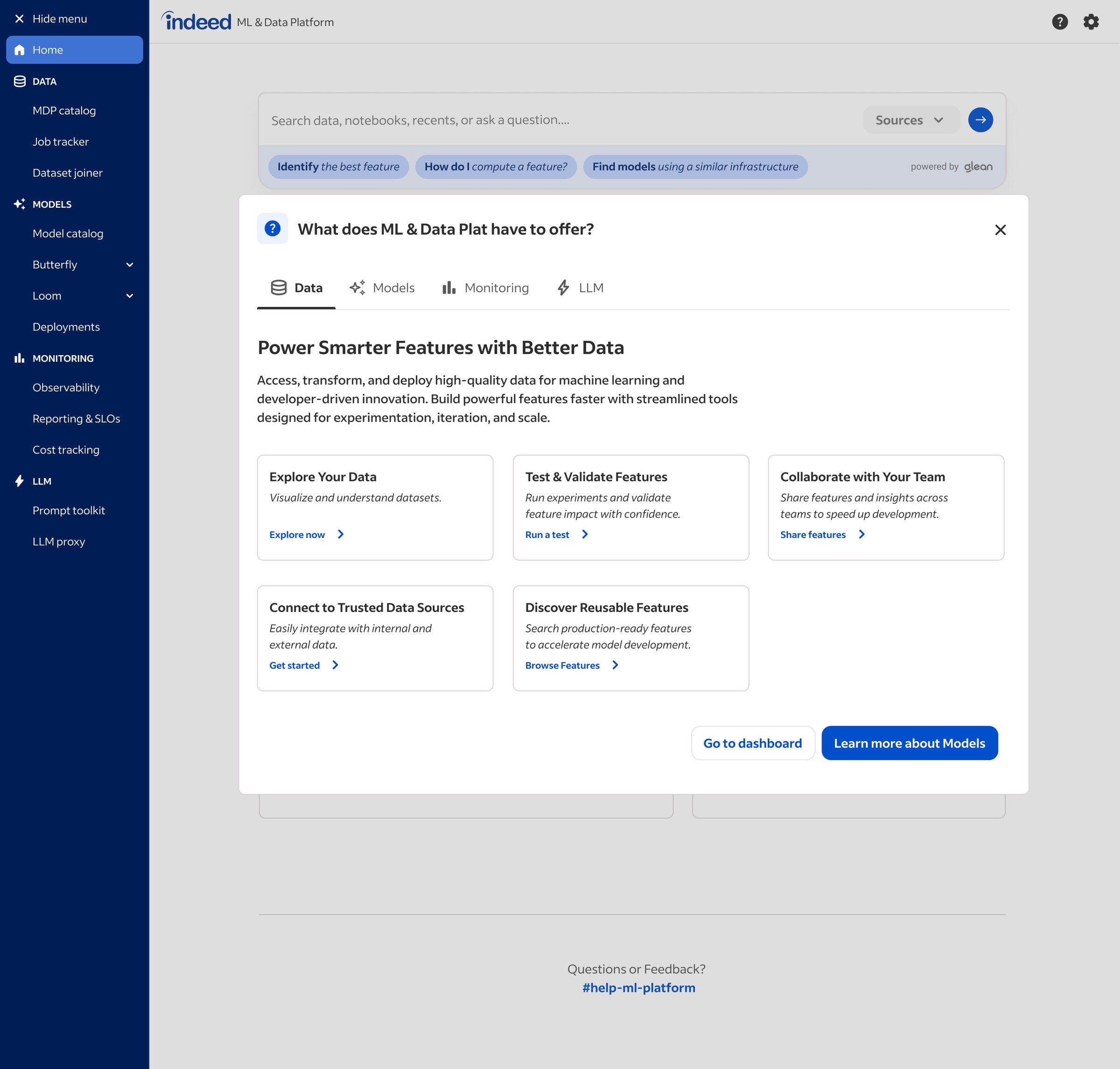 The first-time-user-experience modal that explains the six-section information architecture to new users on first login.