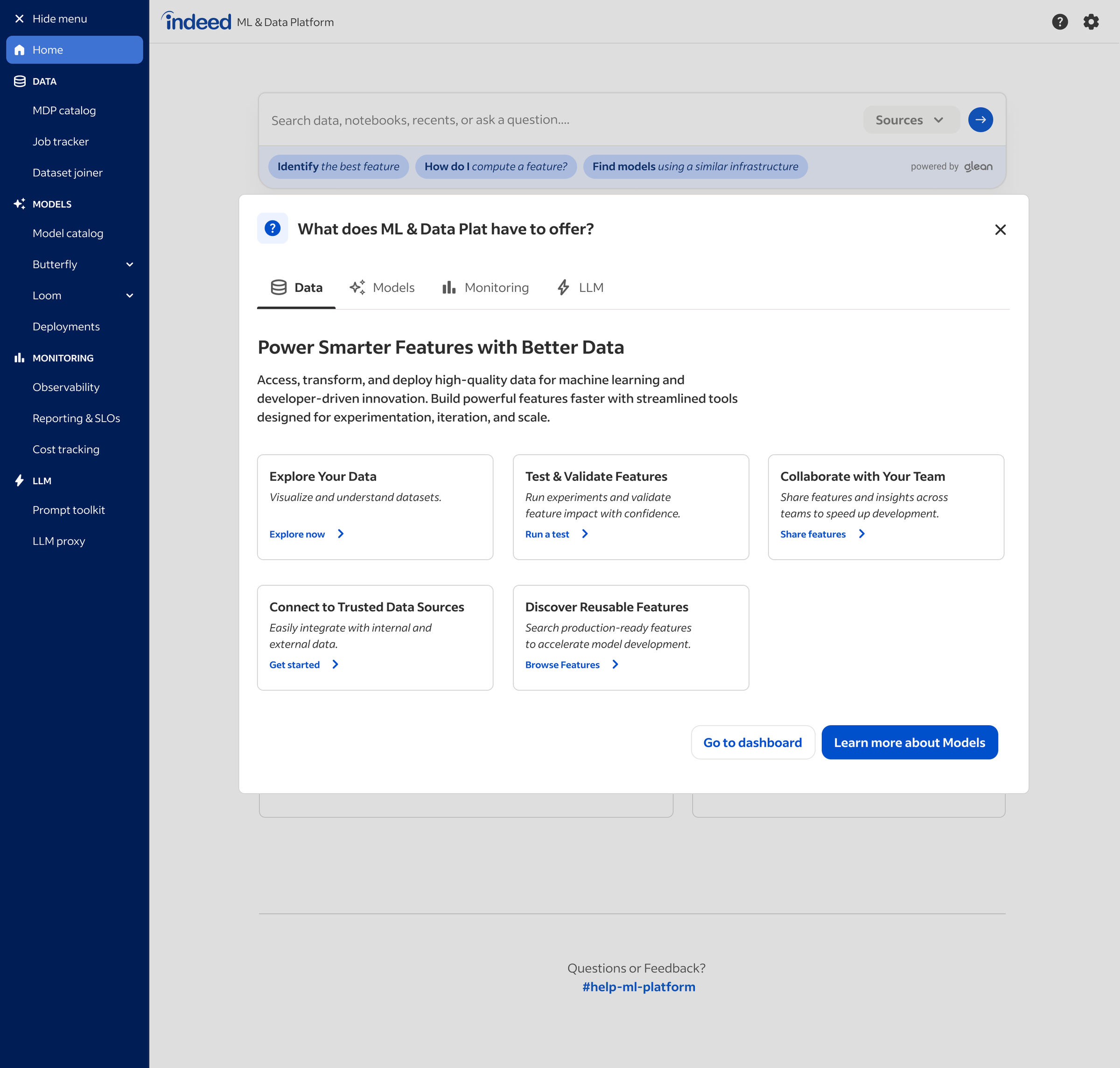 The first-time-user-experience modal that explains the six-section information architecture to new users on first login.