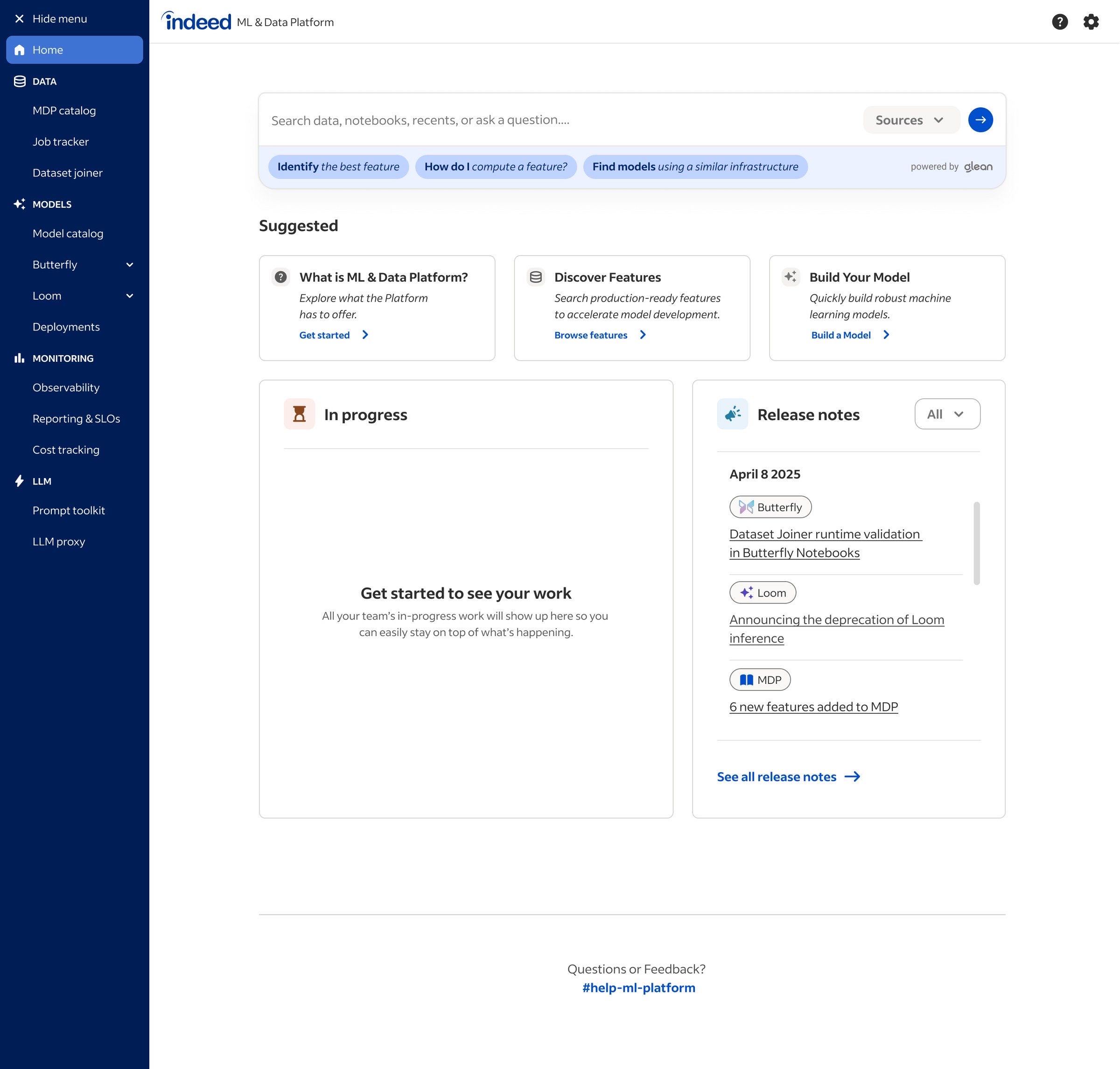 The first-time-user-experience dashboard for the unified ML Platform Hub, designed to onboard data scientists new to the consolidated environment.