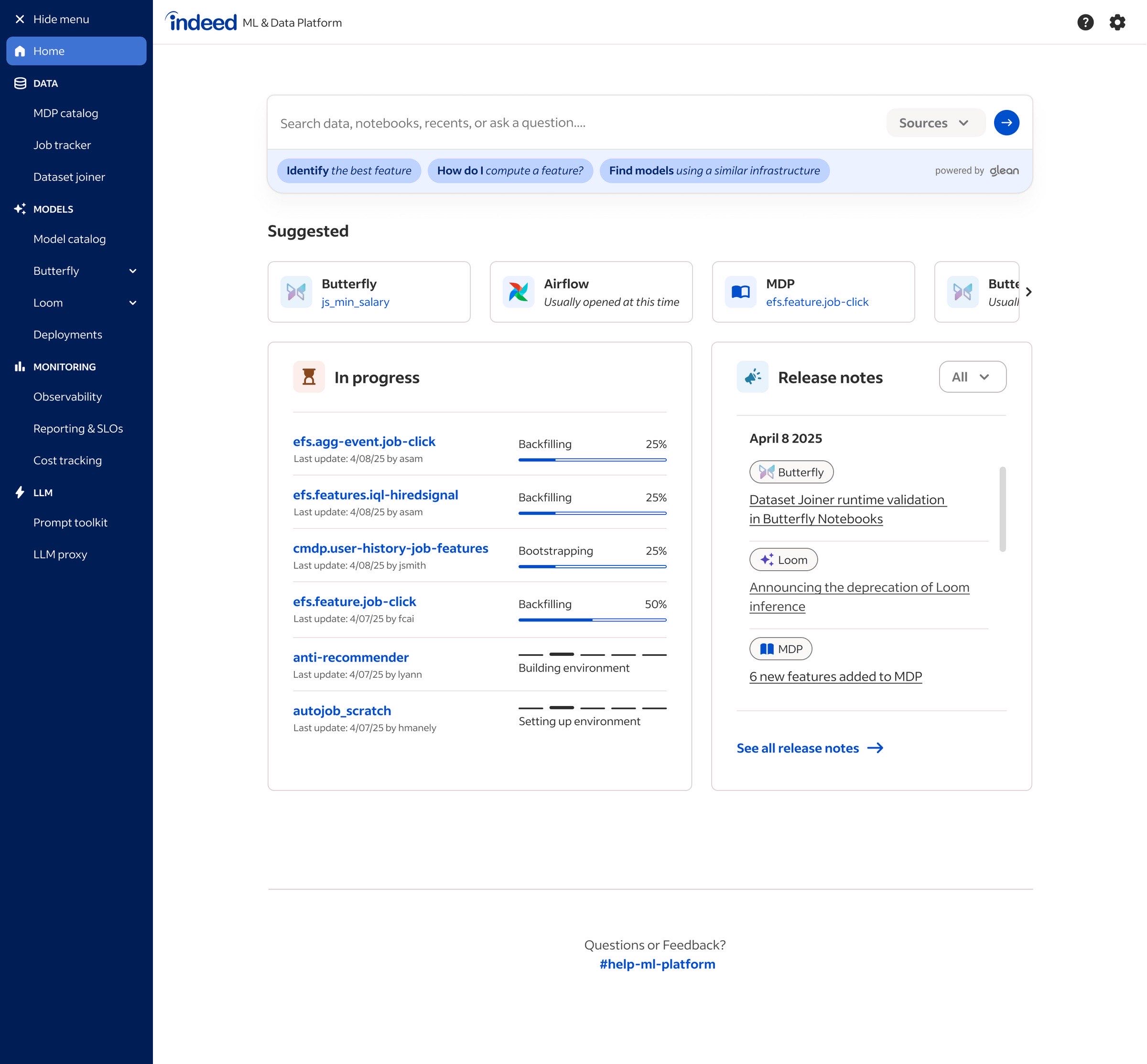 The ML Platform Hub dashboard concept tailored to the Data Scientist persona, showing recent models, team activity, and build status panels.