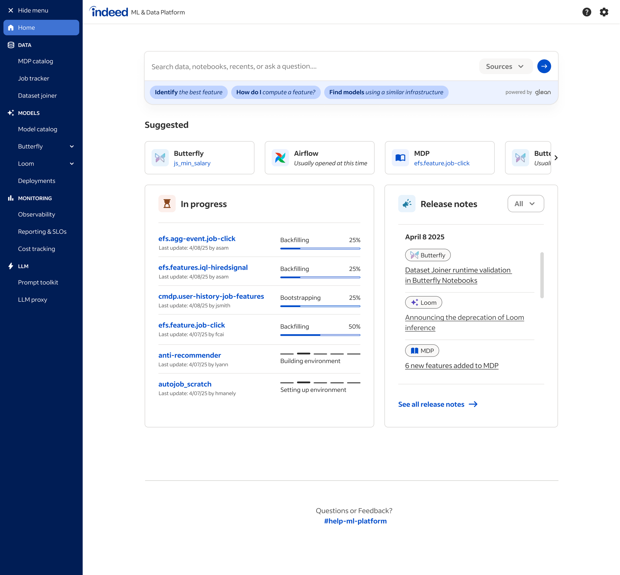 The ML Platform Hub dashboard concept tailored to the Data Scientist persona, showing recent models, team activity, and build status panels.