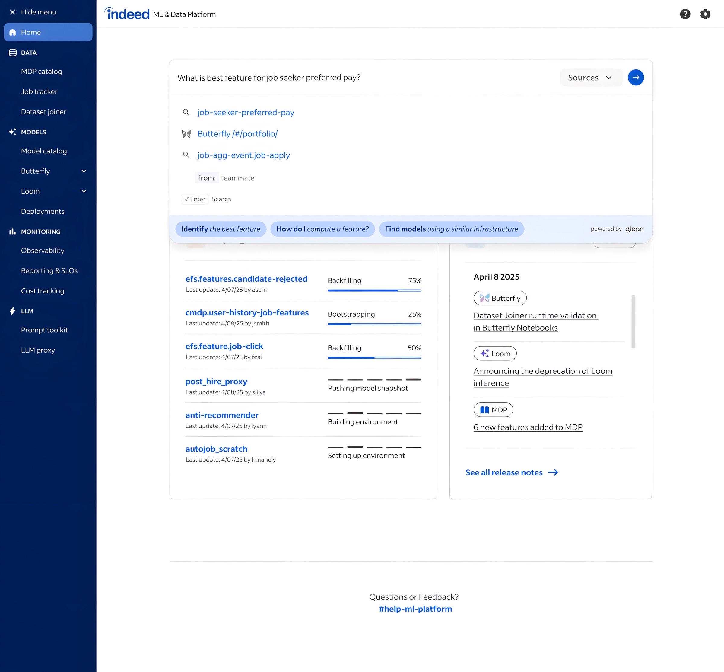 The ML Platform Hub search-results dashboard view, showing how the Glean-integrated search surfaces models, datasets, and documentation in one place.