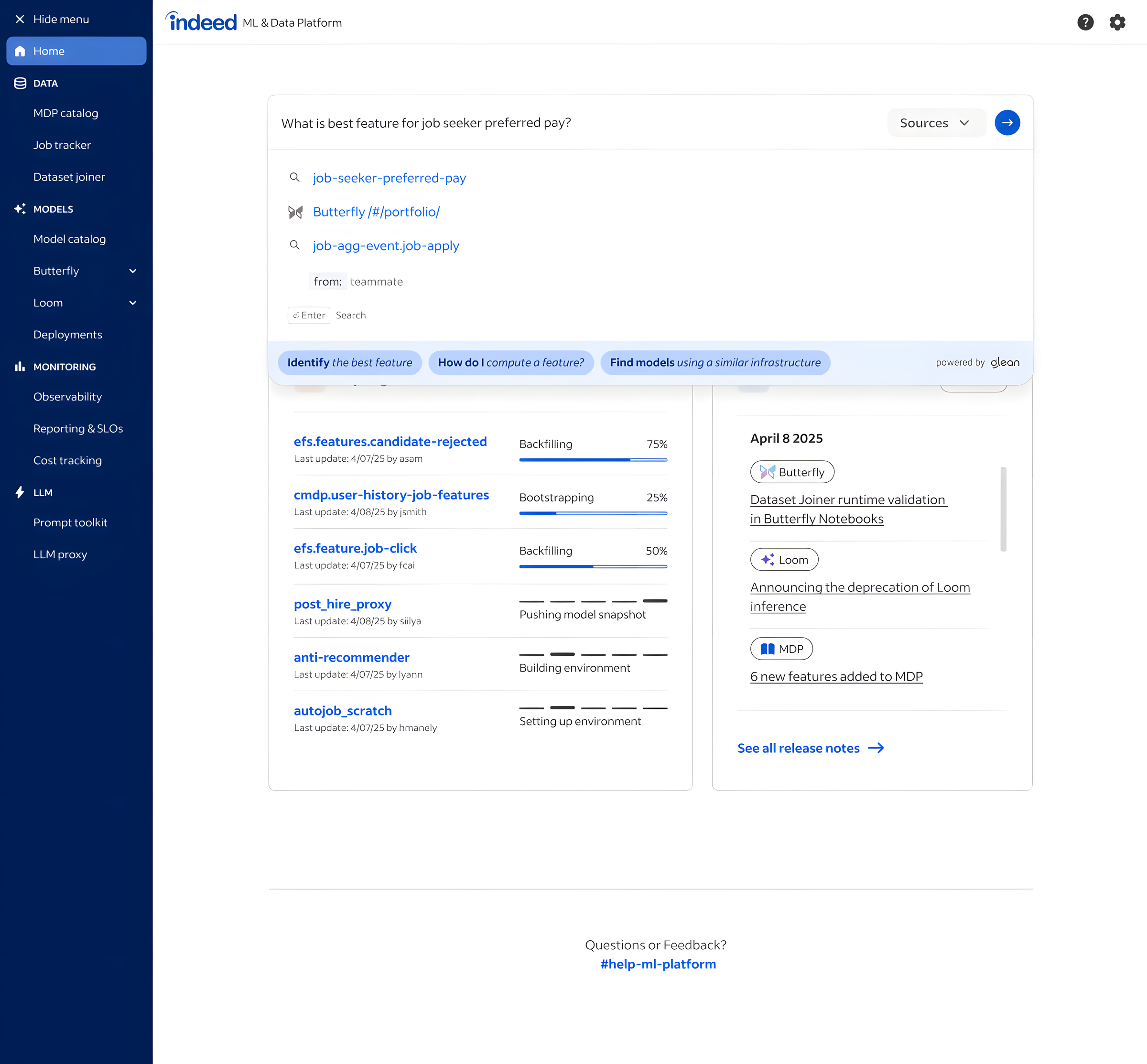 The ML Platform Hub search-results dashboard view, showing how the Glean-integrated search surfaces models, datasets, and documentation in one place.
