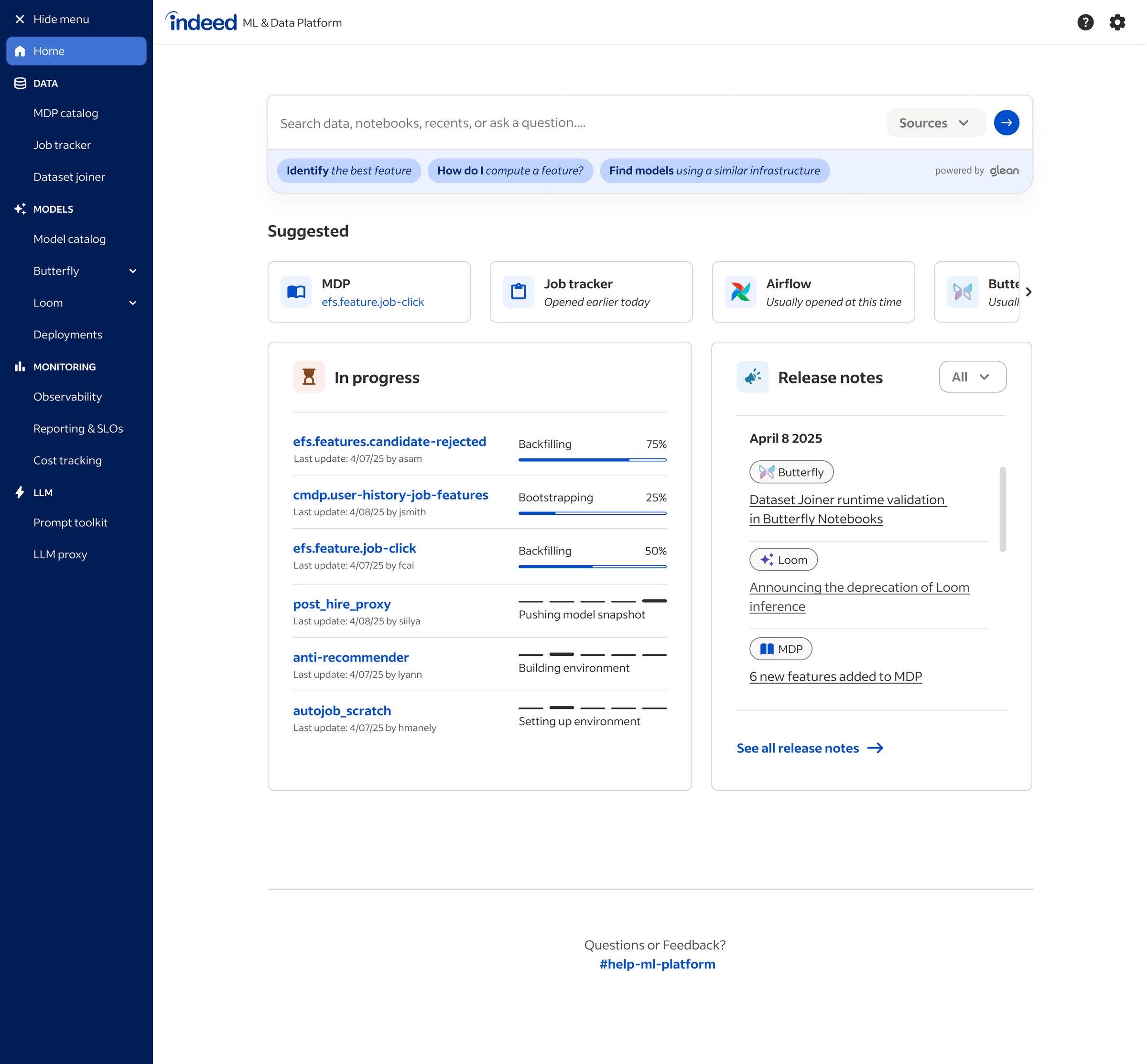 The ML Platform Hub dashboard concept tailored to the Software Engineer persona, showing different cards prioritized for deployment and monitoring tasks.