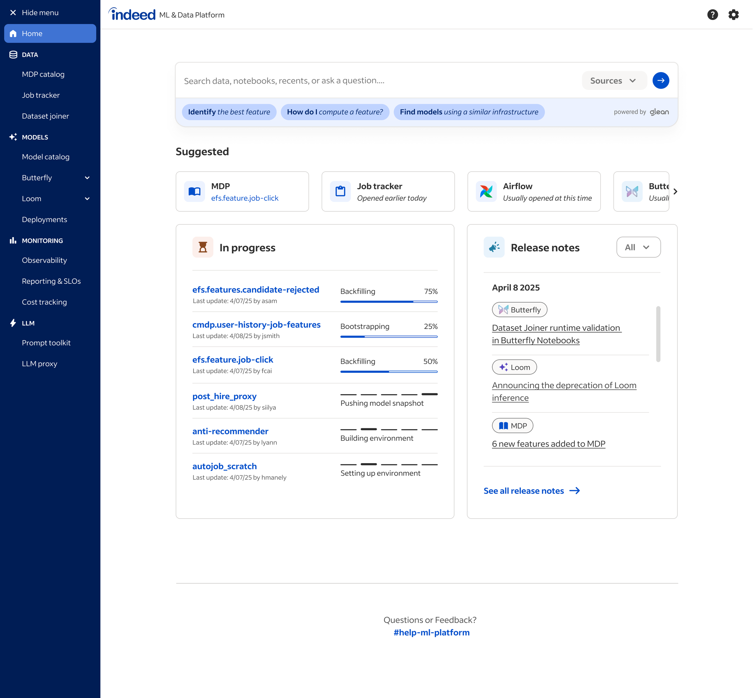 The ML Platform Hub dashboard concept tailored to the Software Engineer persona, showing different cards prioritized for deployment and monitoring tasks.