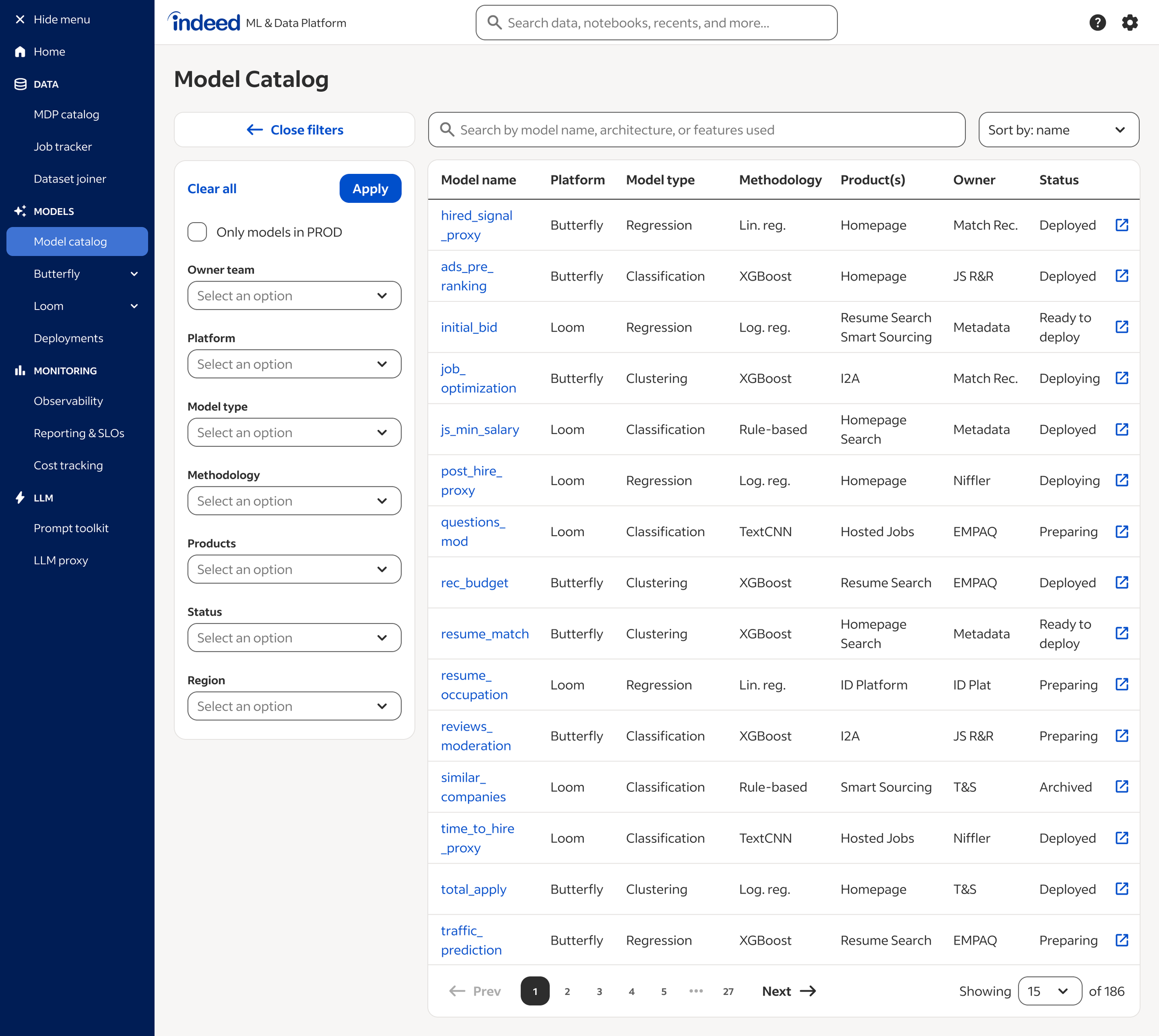 The Model Catalog view inside the unified Hub, showing per-model cost as a first-class field alongside accuracy and last-trained timestamp.