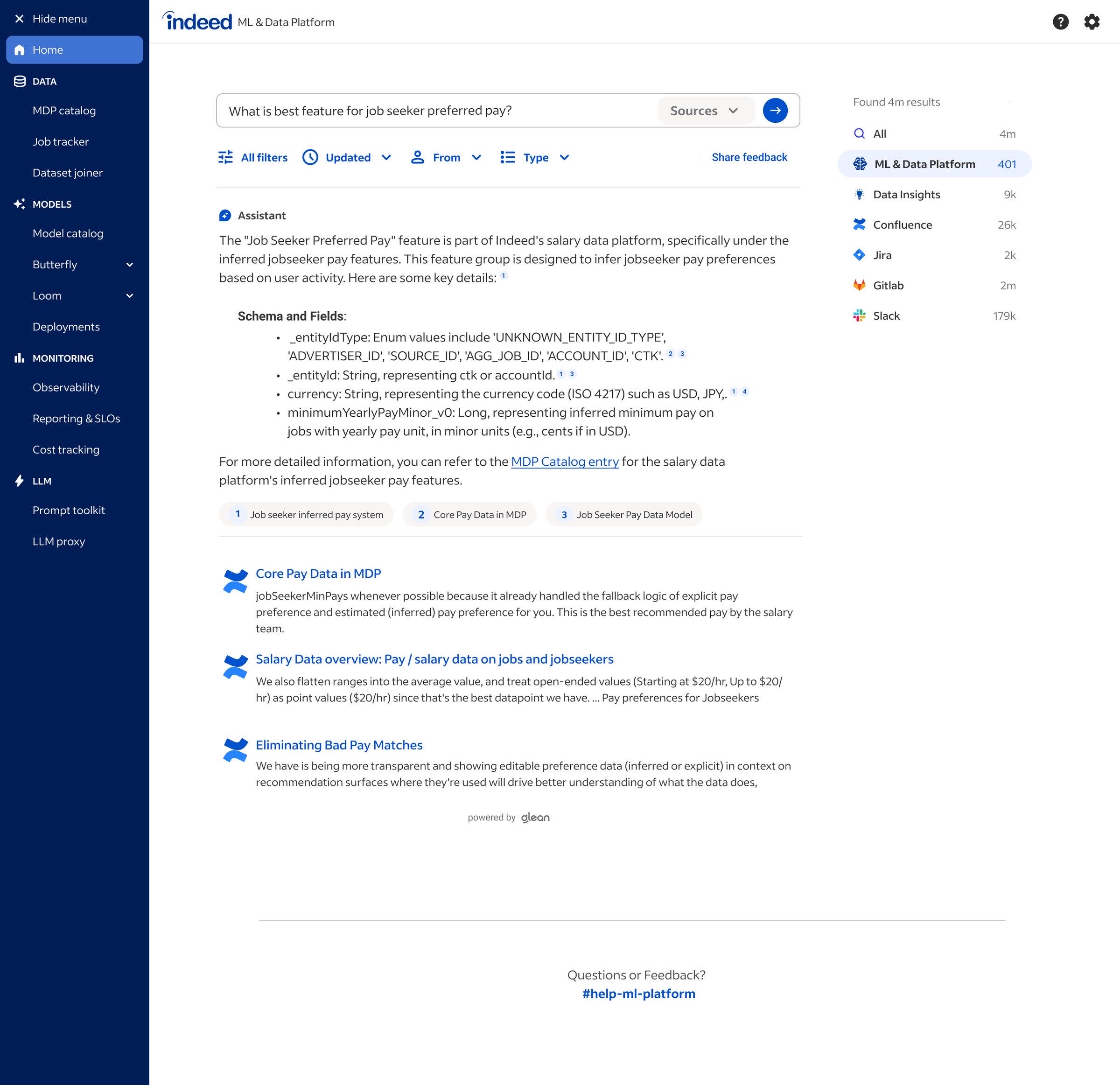 The Hub Search results page showing federated results across models, datasets, and documentation with type indicators and metadata at a glance.