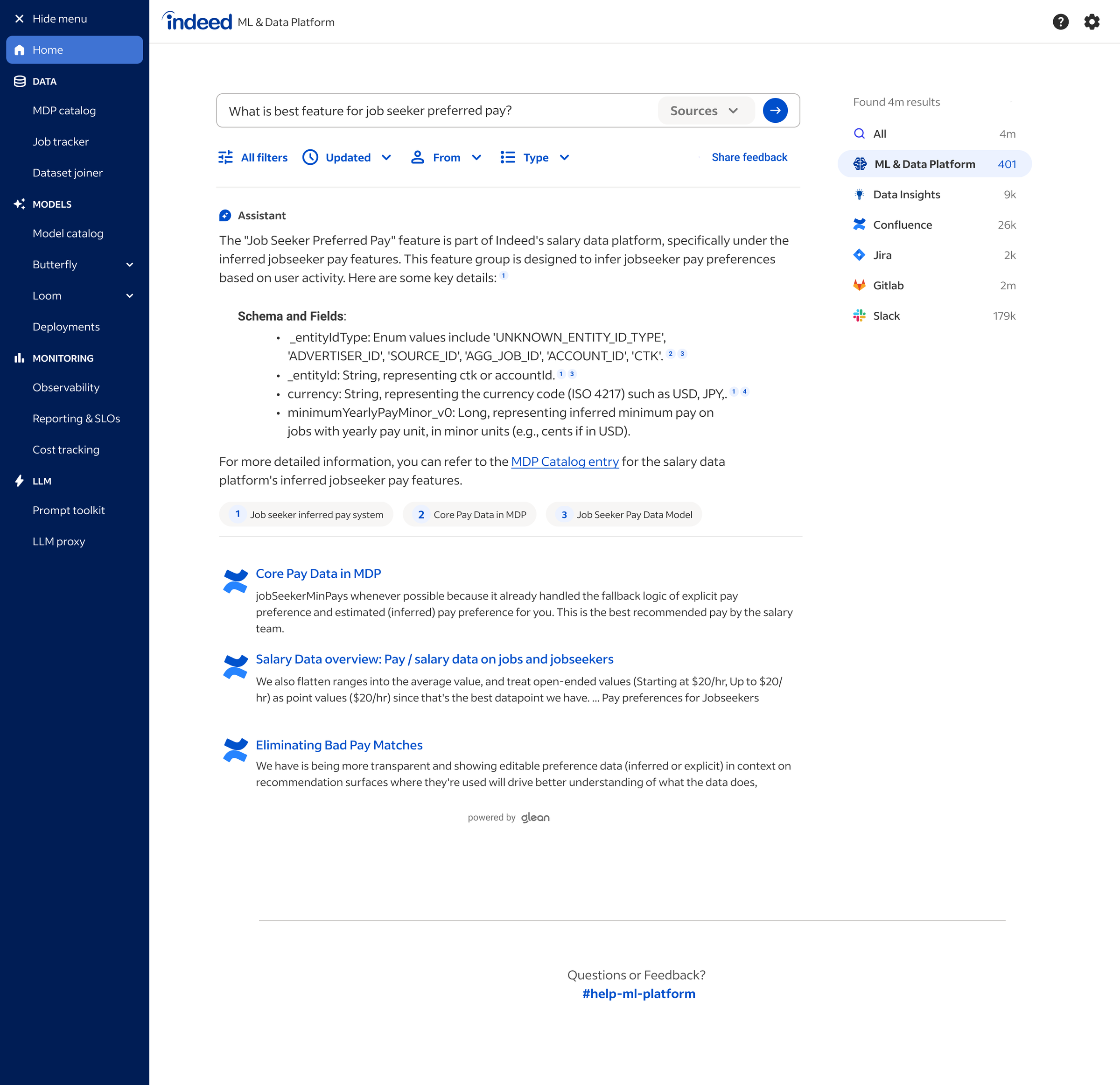 The Hub Search results page showing federated results across models, datasets, and documentation with type indicators and metadata at a glance.