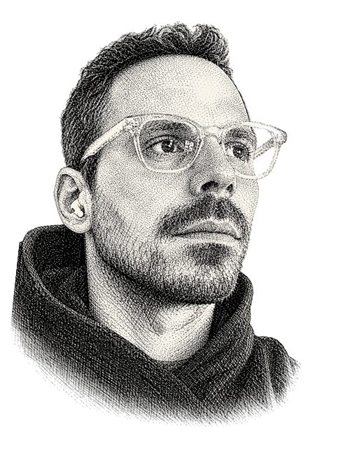 Stippled portrait illustration of Thom Grisi in glasses and a turtleneck.